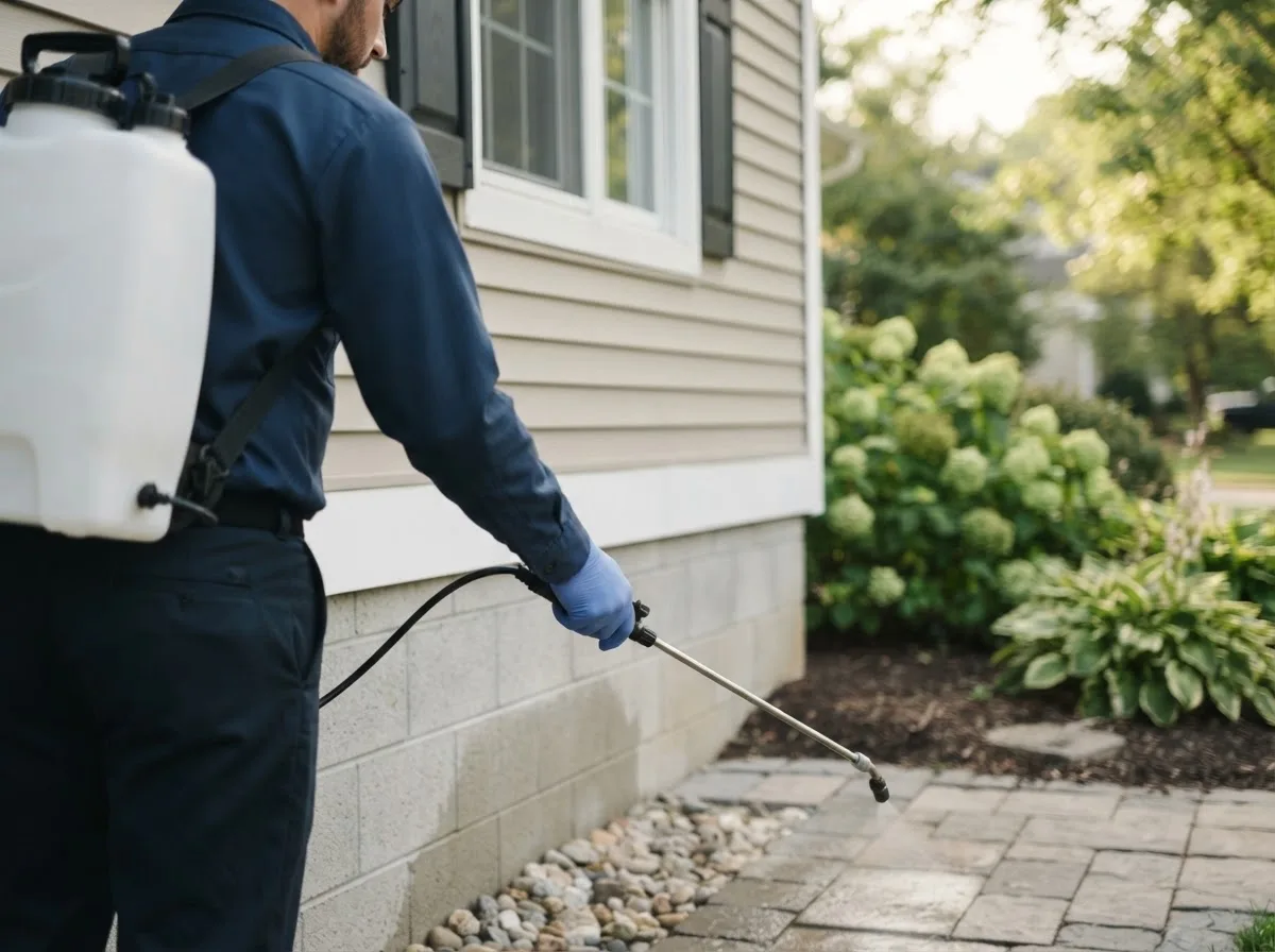 Pest control technician inspecting a home in Davenport, NE